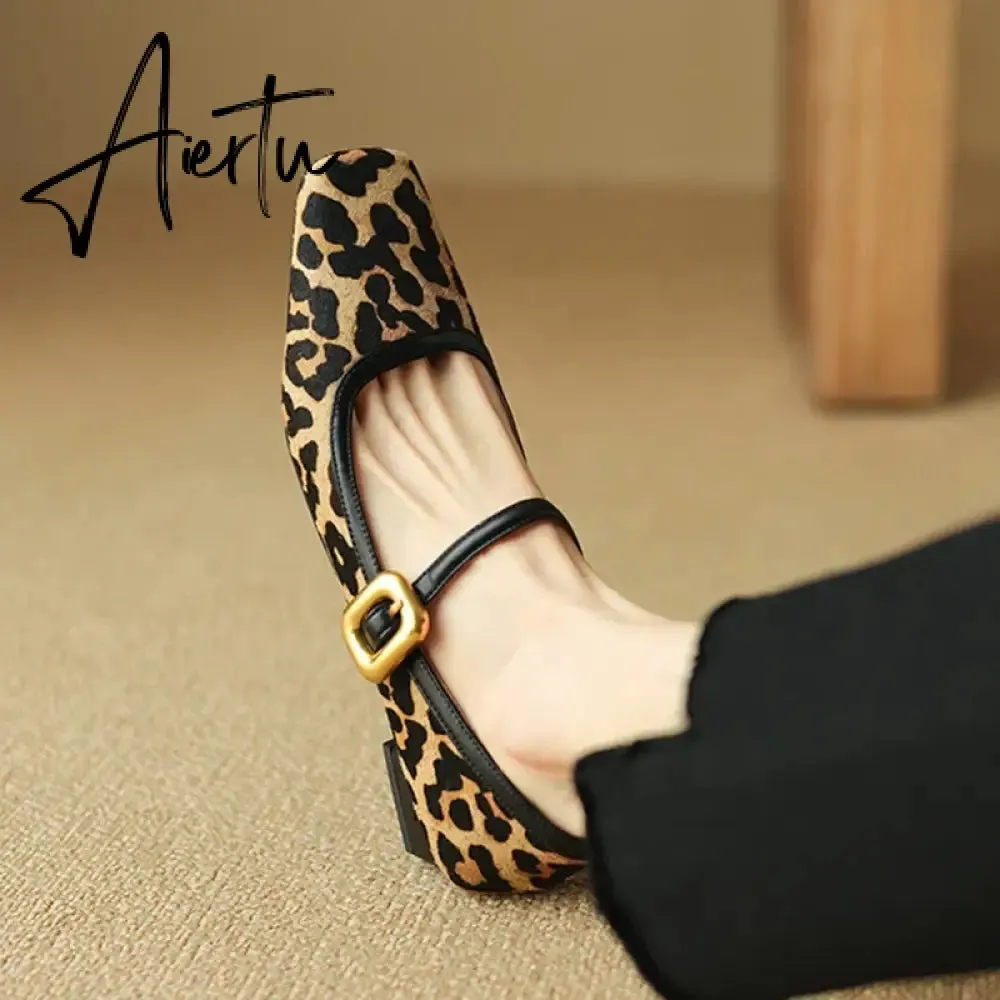 Aiertu NEW Spring/Autumn Women Pumps Square Toe Chunky Heel Shoes Horsehair Leopard Shoes for Women Concise High Heel Buckle Mary Janes