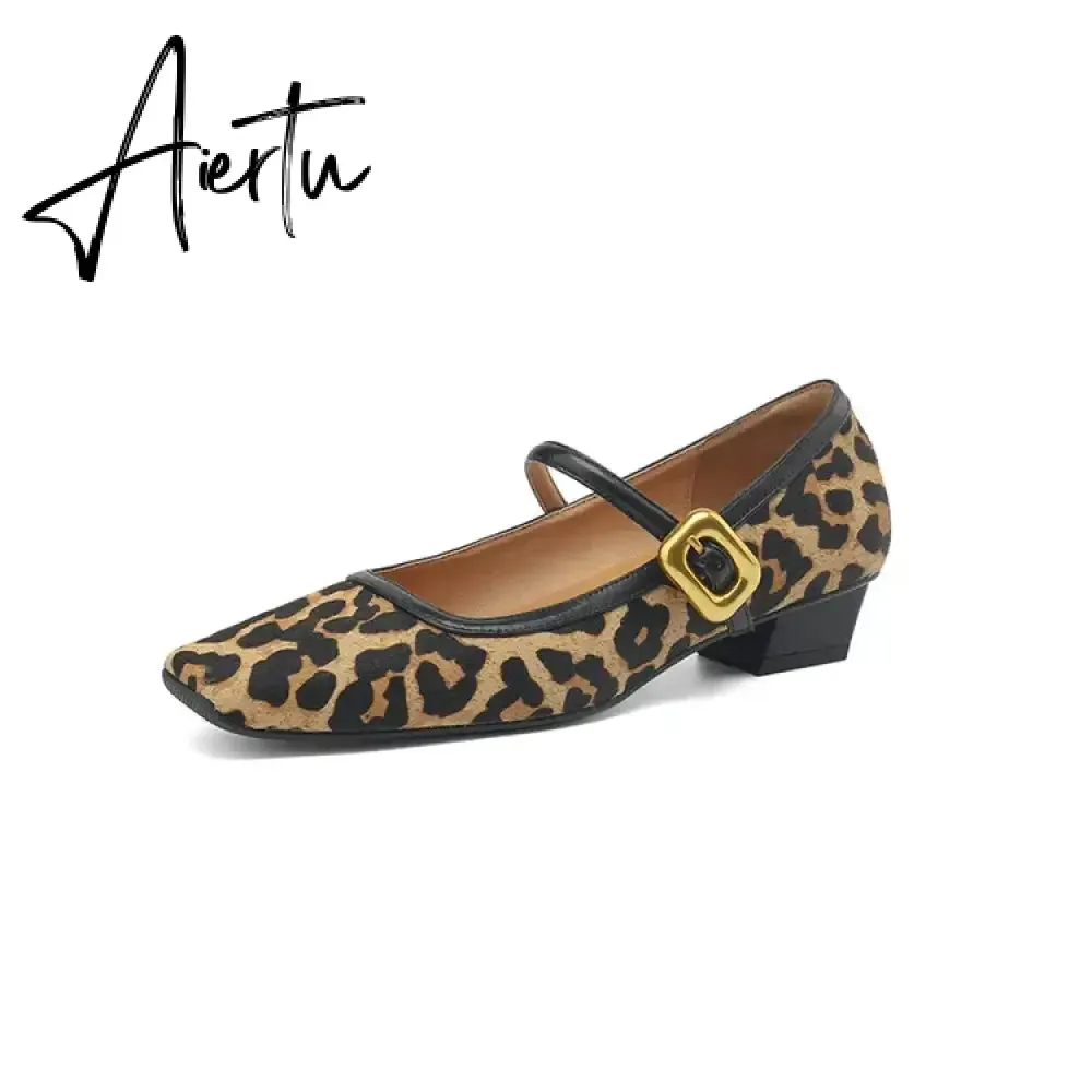 Aiertu NEW Spring/Autumn Women Pumps Square Toe Chunky Heel Shoes Horsehair Leopard Shoes for Women Concise High Heel Buckle Mary Janes