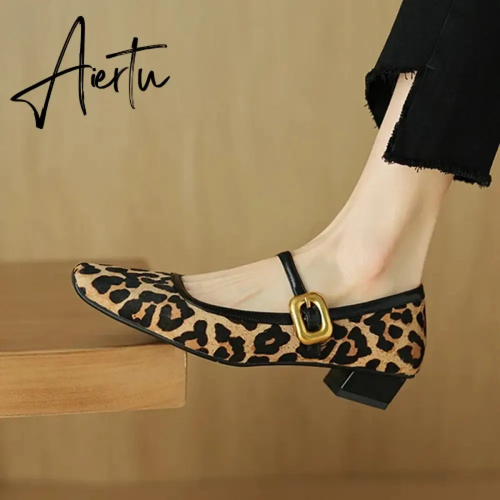 Aiertu NEW Spring/Autumn Women Pumps Square Toe Chunky Heel Shoes Horsehair Leopard Shoes for Women Concise High Heel Buckle Mary Janes