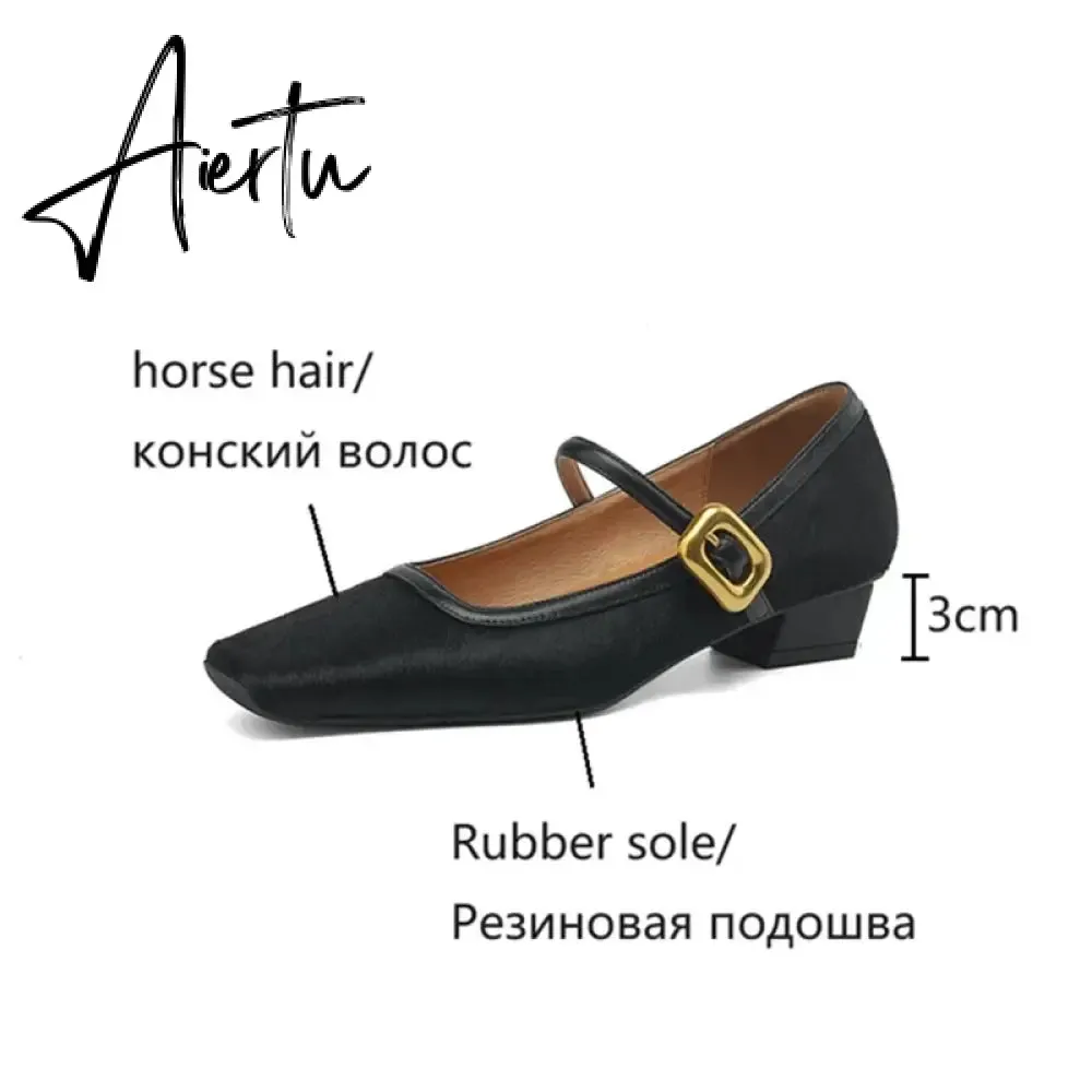 Aiertu NEW Spring/Autumn Women Pumps Square Toe Chunky Heel Shoes Horsehair Leopard Shoes for Women Concise High Heel Buckle Mary Janes