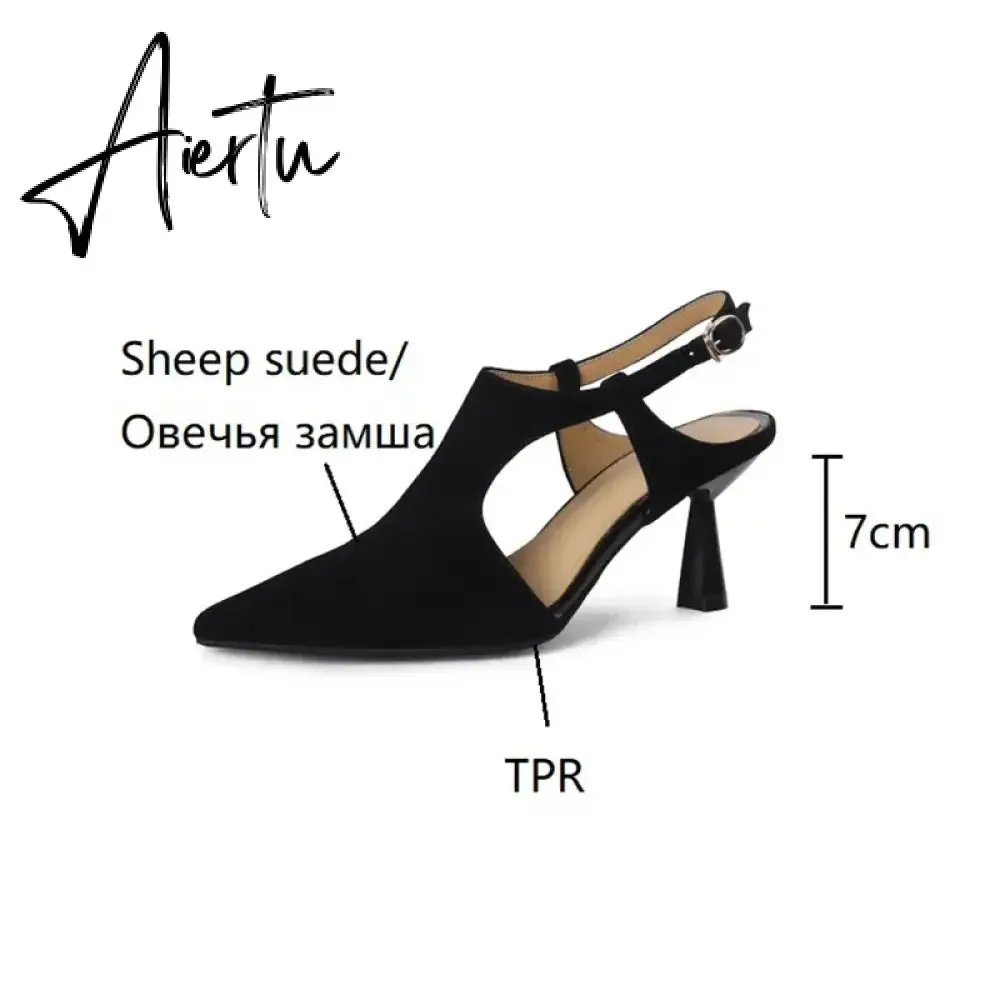 Aiertu Summer Women Shoes Pointed Toe Thin Heel Sandals Solid High Heels Elegant Sheep Suede Leather Shoes for Women Party Shoes