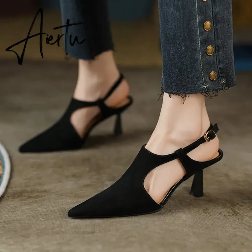 Aiertu Summer Women Shoes Pointed Toe Thin Heel Sandals Solid High Heels Elegant Sheep Suede Leather Shoes for Women Party Shoes