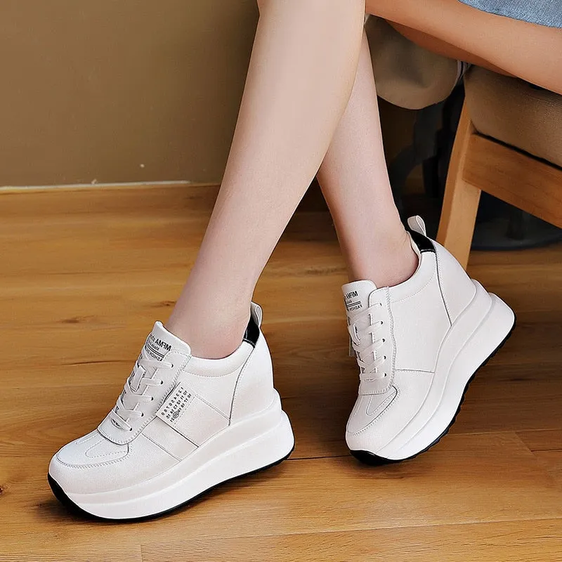 Amozae  9Cm Platform Wedge Sneakers Women Shoes Genuine Leather Spring Autumn Air Mesh Breathable Summer Shoes Women