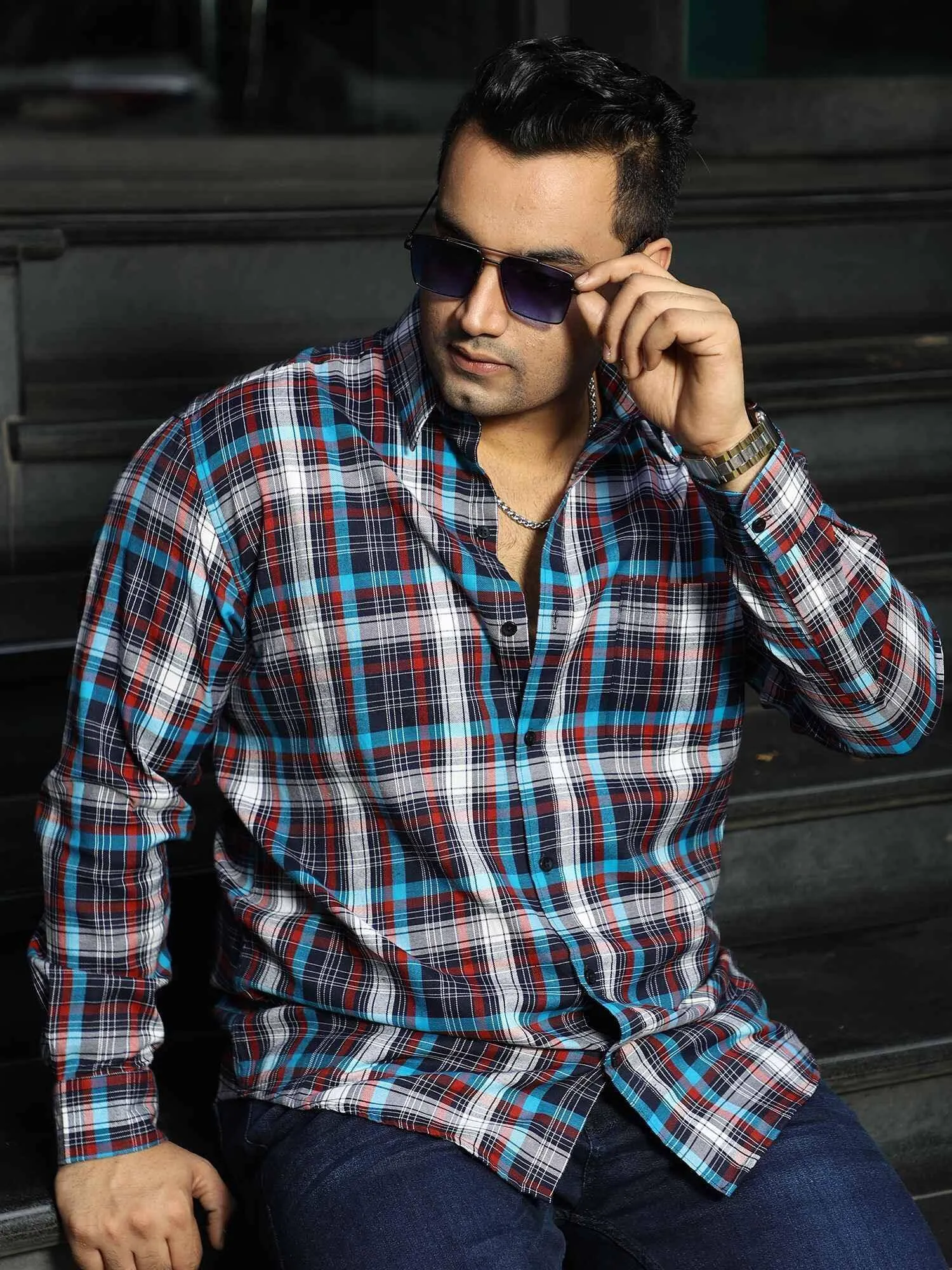 Black Blue Red Checkered Full Shirt Men's Plus Size