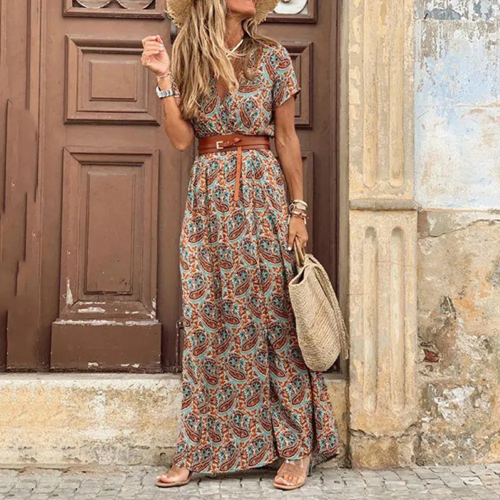 Boho V Neck Paisley Print Beach Long Dress with Belt - Embrace Summer in Style!