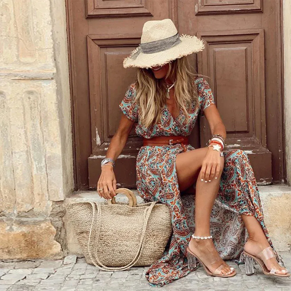 Boho V Neck Paisley Print Beach Long Dress with Belt - Embrace Summer in Style!