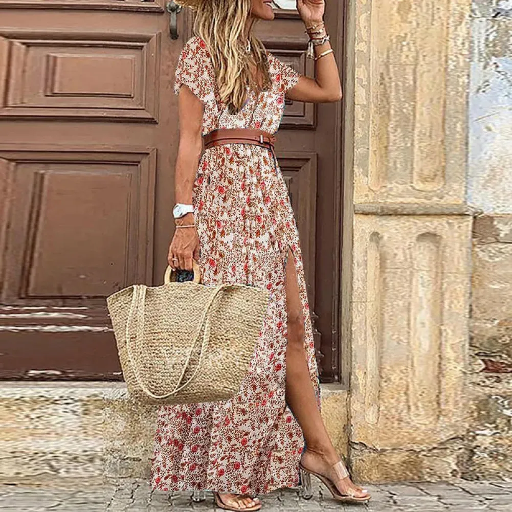 Boho V Neck Paisley Print Beach Long Dress with Belt - Embrace Summer in Style!