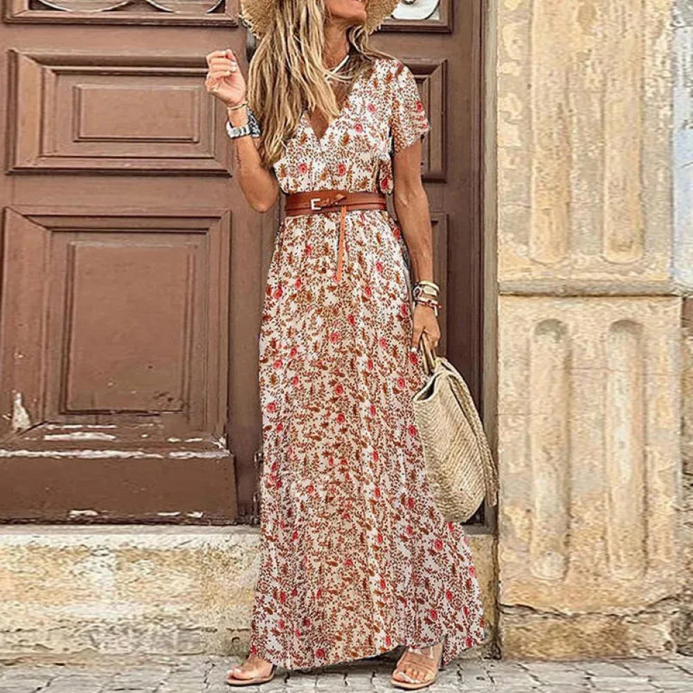 Boho V Neck Paisley Print Beach Long Dress with Belt - Embrace Summer in Style!