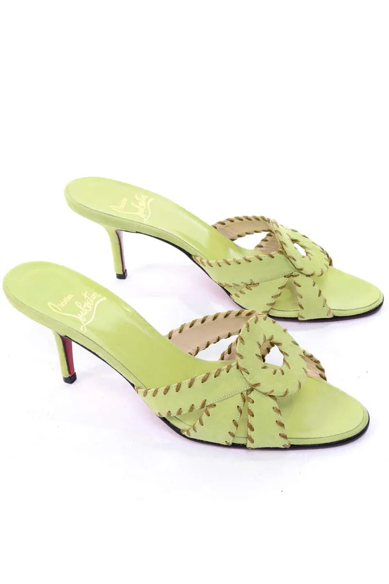 Christian Louboutin Lime Green Open Toe Sandal Heels w Topstitching