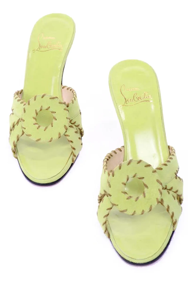 Christian Louboutin Lime Green Open Toe Sandal Heels w Topstitching