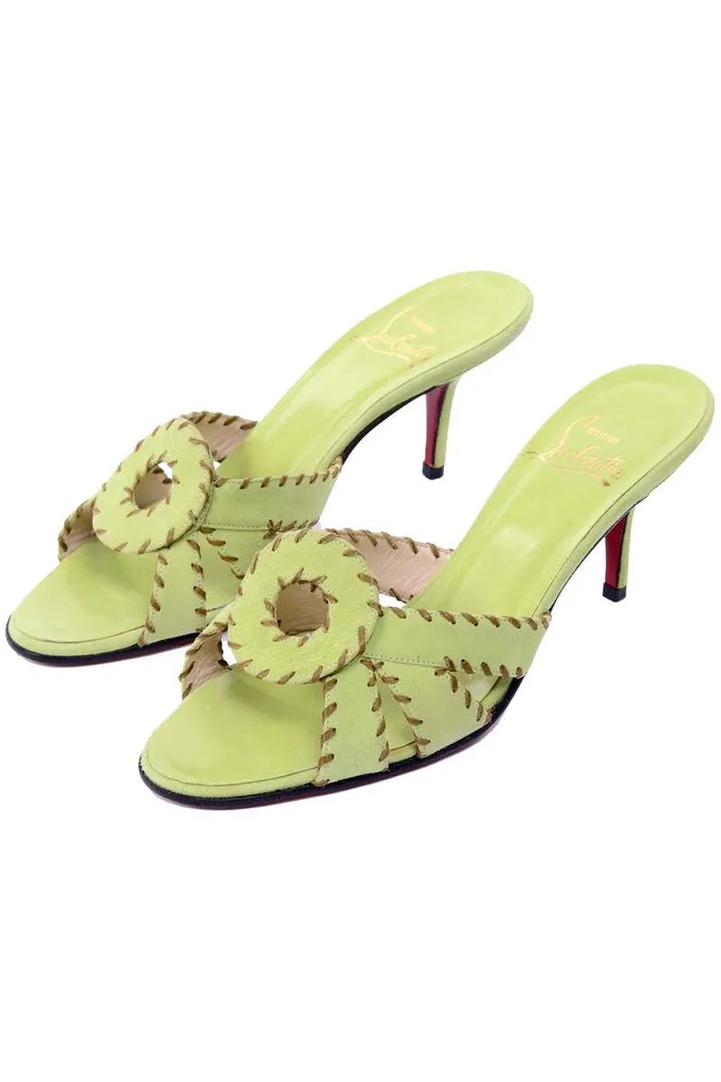 Christian Louboutin Lime Green Open Toe Sandal Heels w Topstitching