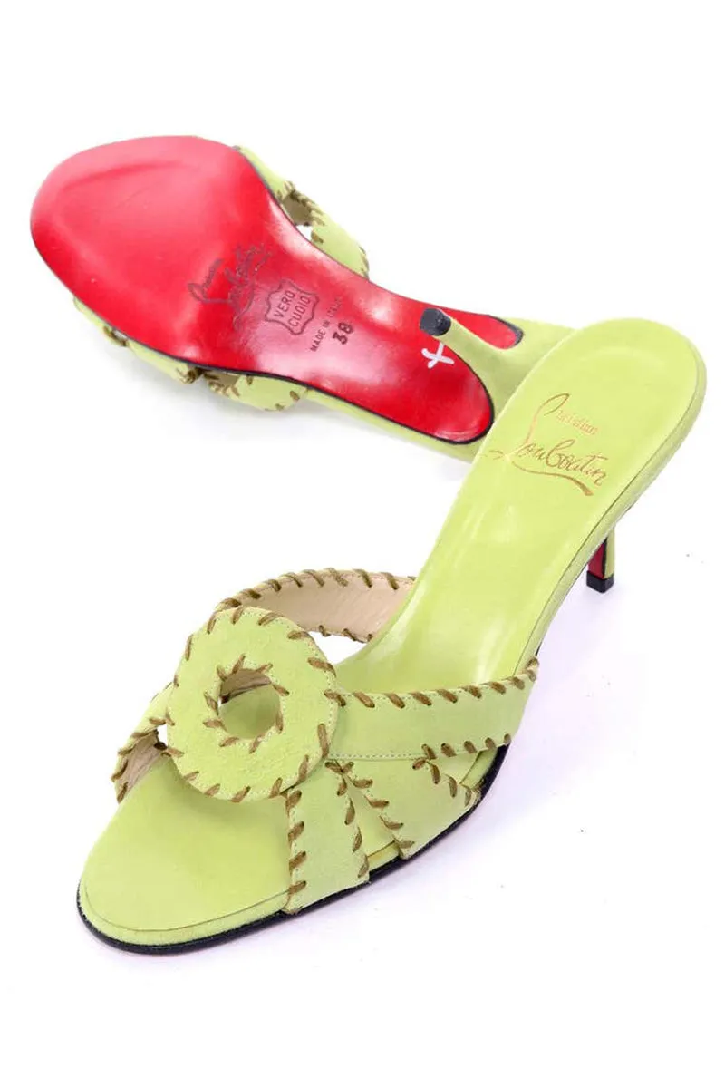 Christian Louboutin Lime Green Open Toe Sandal Heels w Topstitching