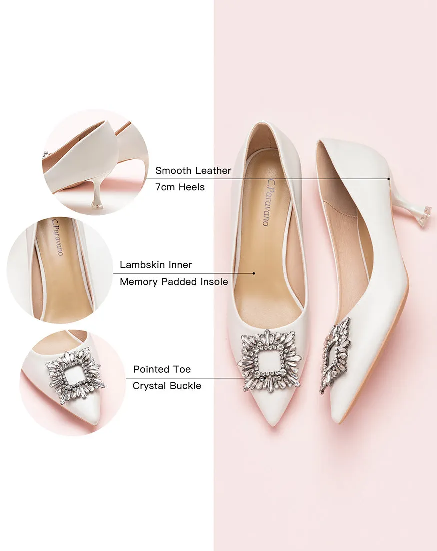 Crystal Buckle Embellished Leather Pumps White