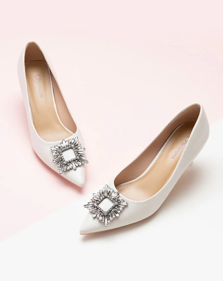 Crystal Buckle Embellished Leather Pumps White