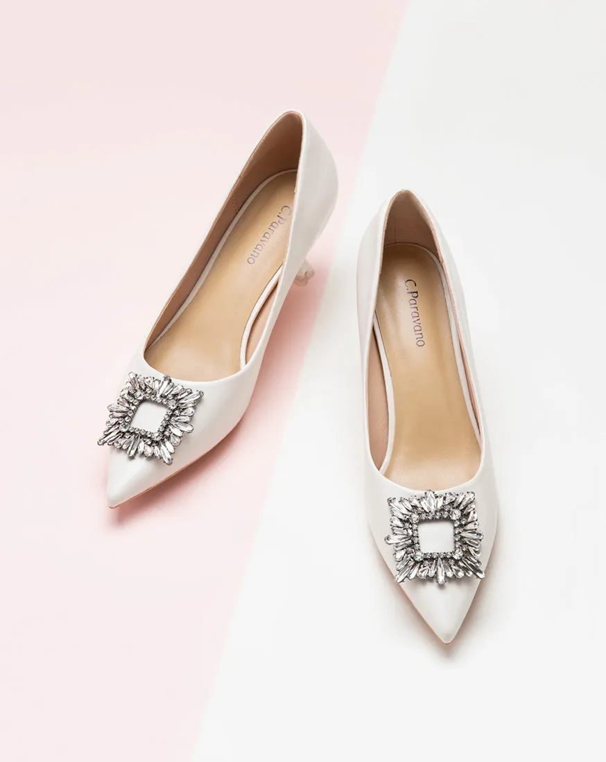 Crystal Buckle Embellished Leather Pumps White