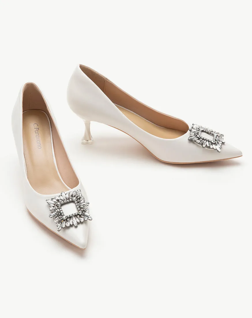 Crystal Buckle Embellished Leather Pumps White