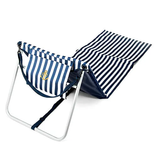 Folding Beach Mat and Sun Lounger in Classic Blue and White Stripe - Personalized