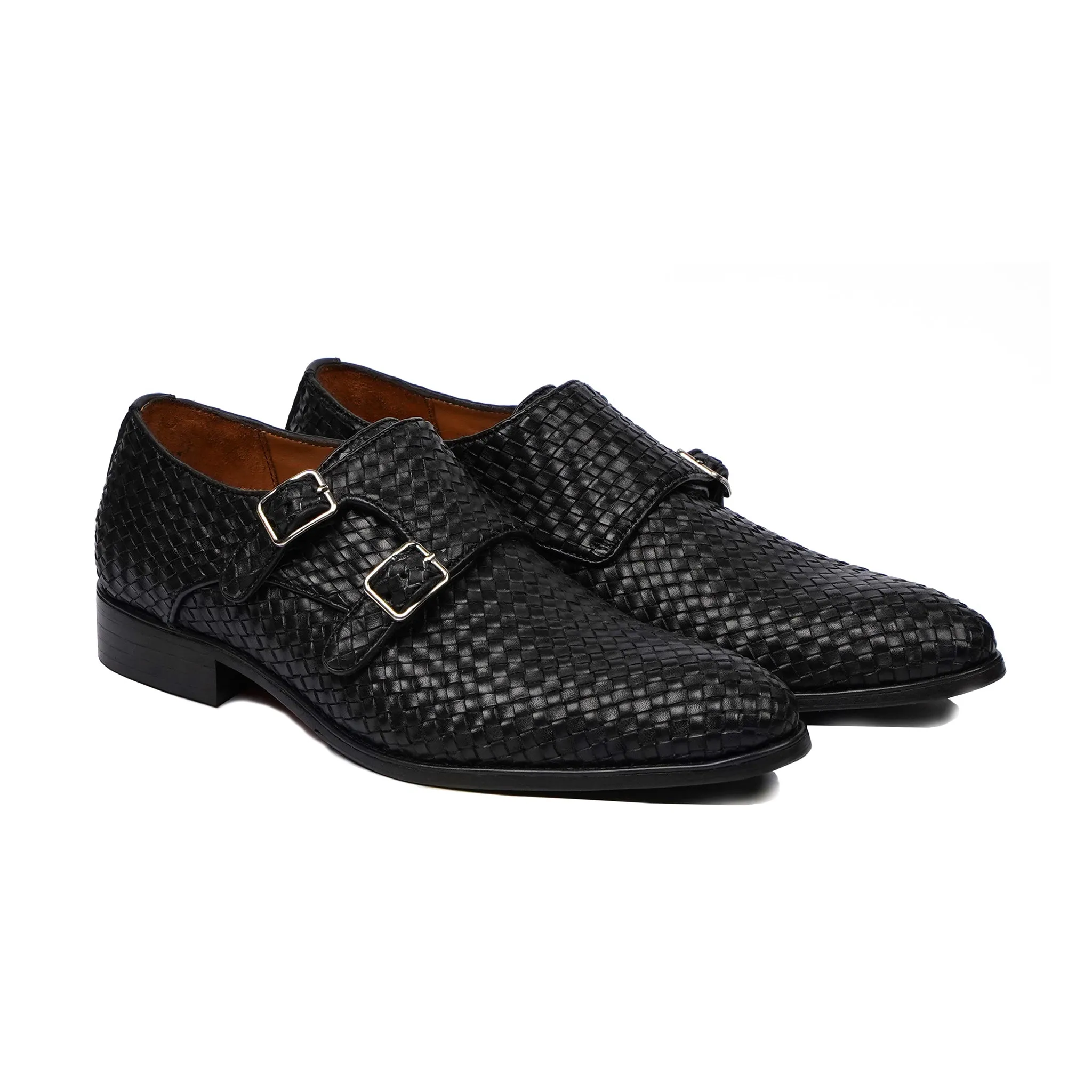 Garda - Men's Black Hand Woven Calf Leather Double Monkstrap