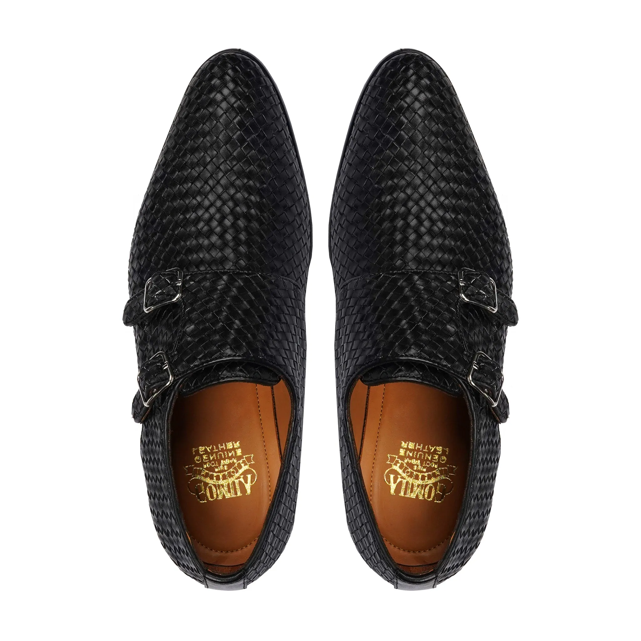 Garda - Men's Black Hand Woven Calf Leather Double Monkstrap