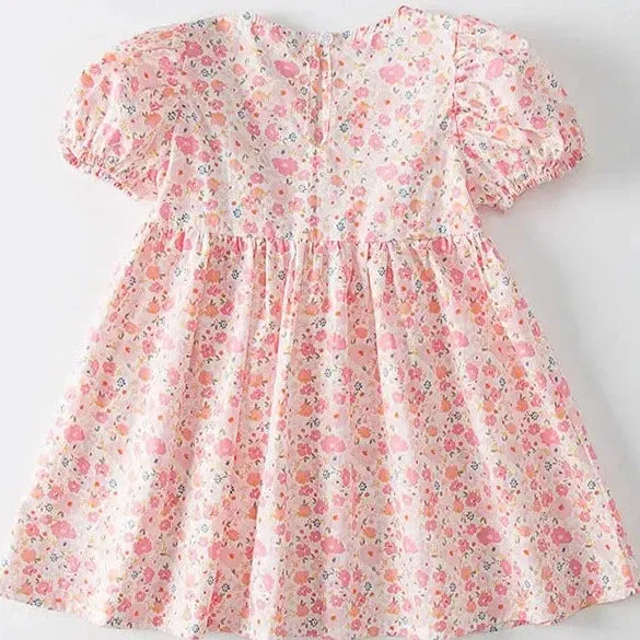 Girls Adelynn Pink Floral Embroidered Doll-Neck Dress