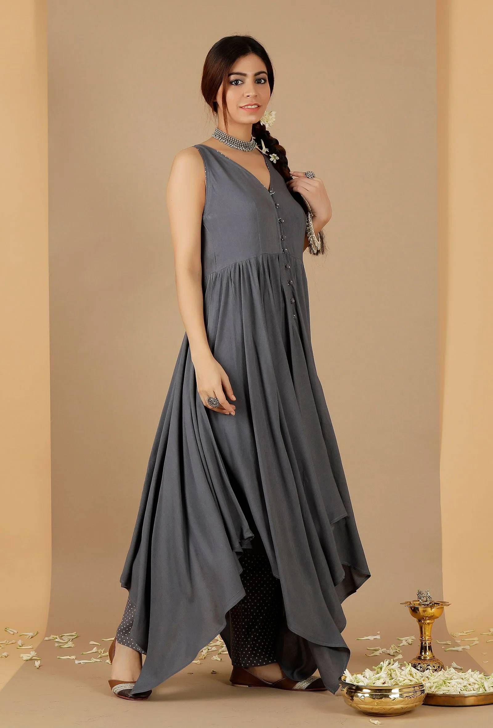 Grey Rayon Sleeveless Asymmetrical Gathered Kurta