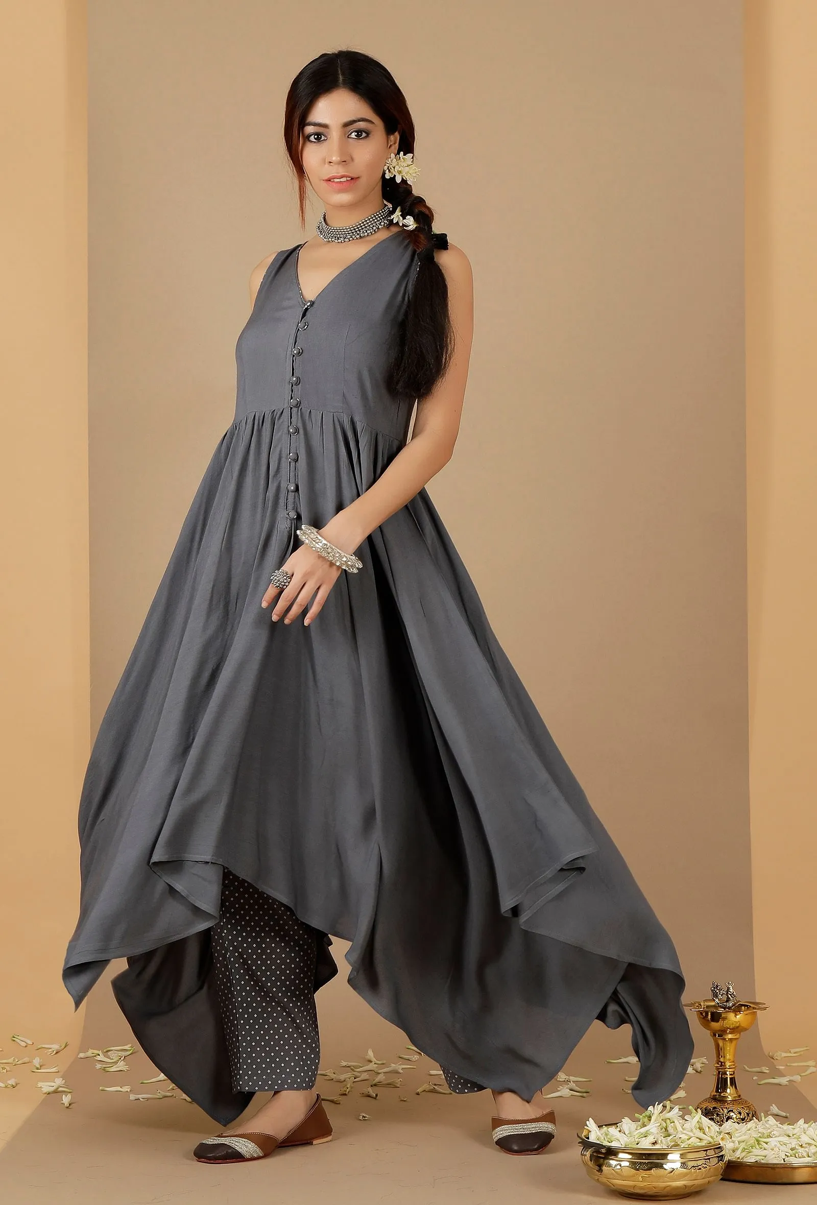 Grey Rayon Sleeveless Asymmetrical Gathered Kurta