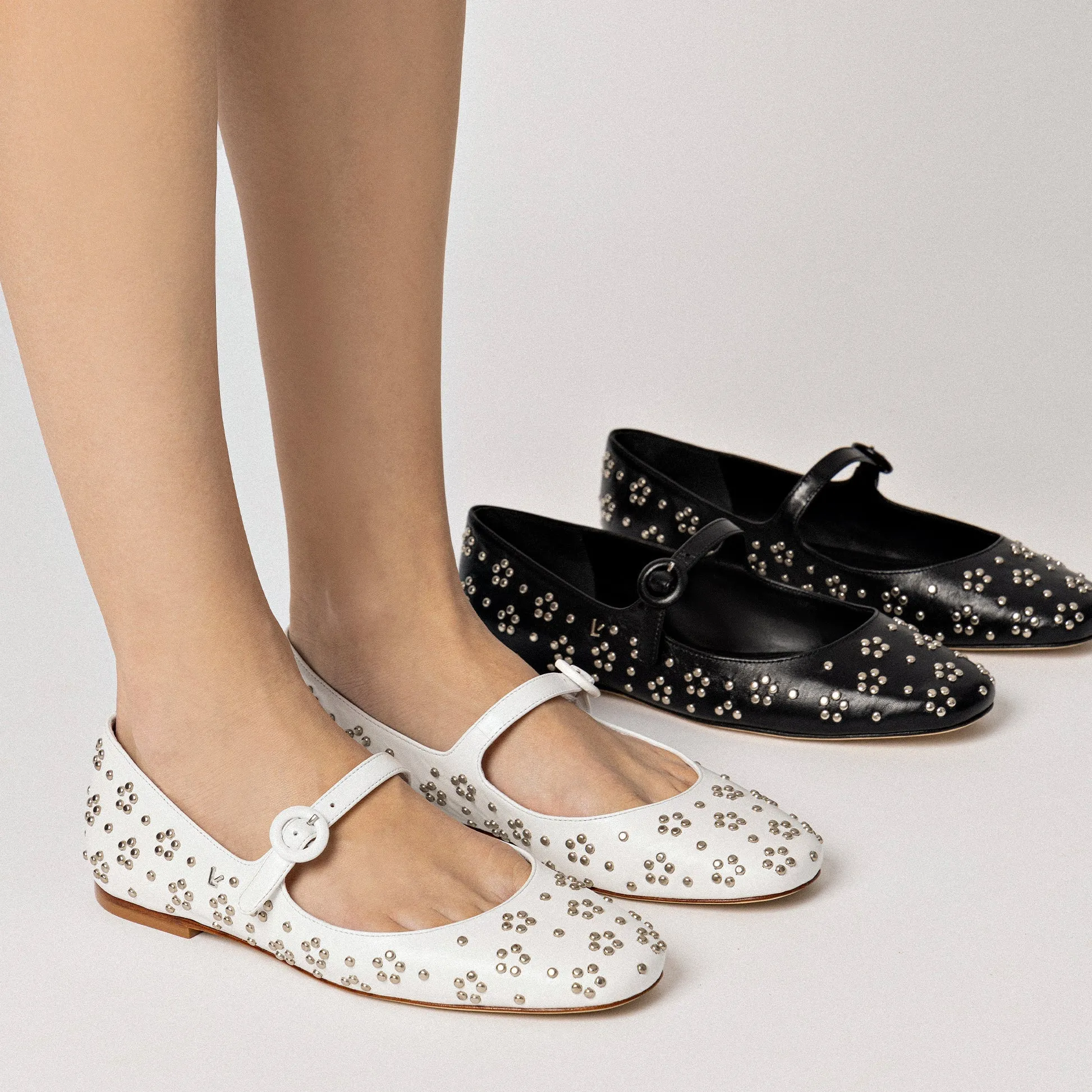 Larroude Blair Ballet Flat In Black Leather and Metallic Studs