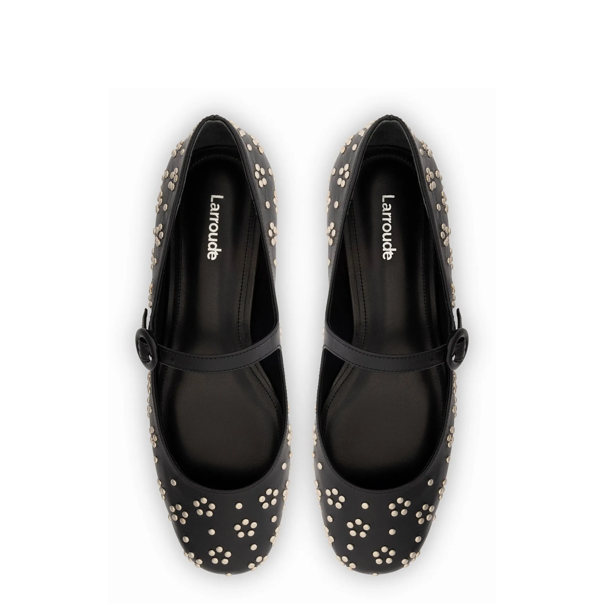 Larroude Blair Ballet Flat In Black Leather and Metallic Studs