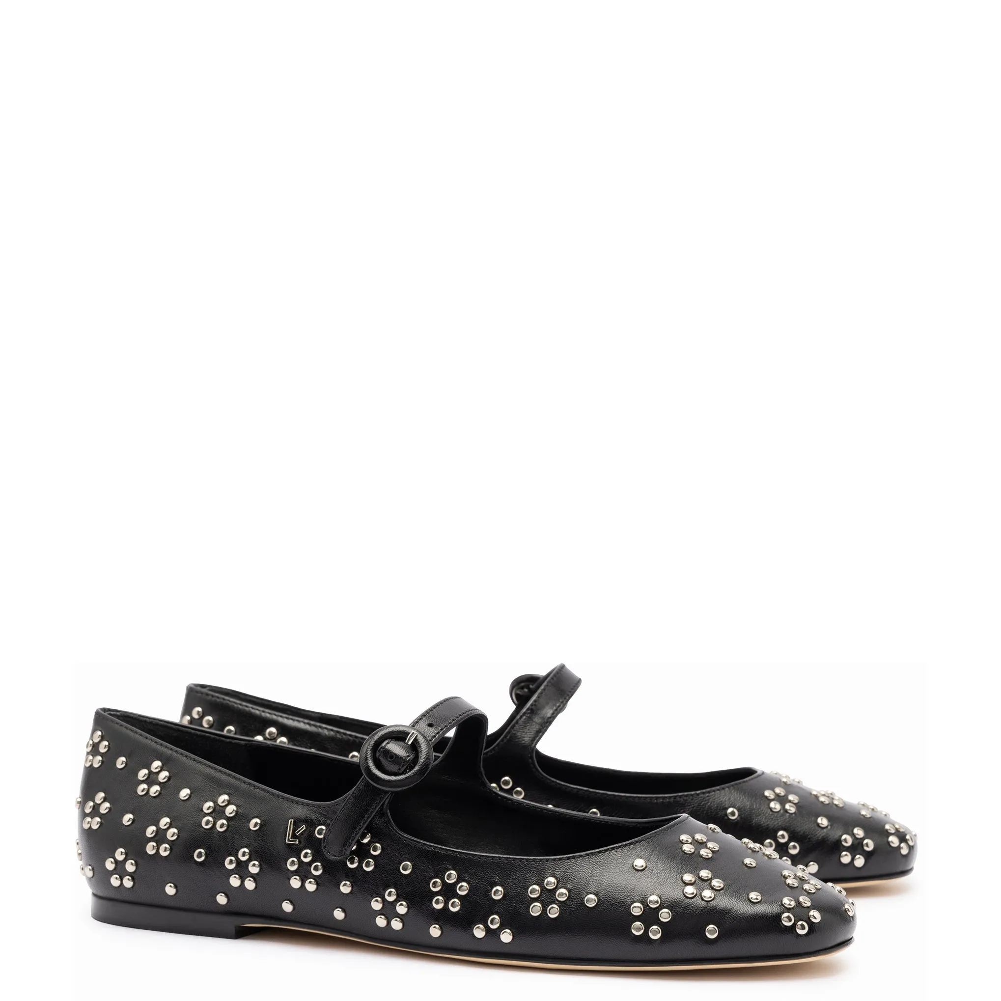 Larroude Blair Ballet Flat In Black Leather and Metallic Studs