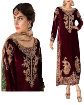 Luxurious heavy embroidery Women Partywear Velvet Red Salwar suit 3-piece dress