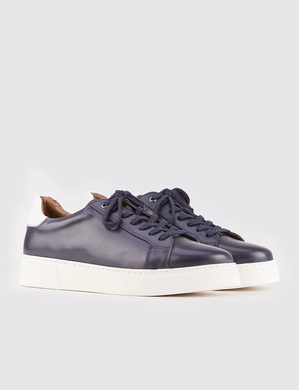 Men Navy Blue Genuine Leather Lace Up Sneakers