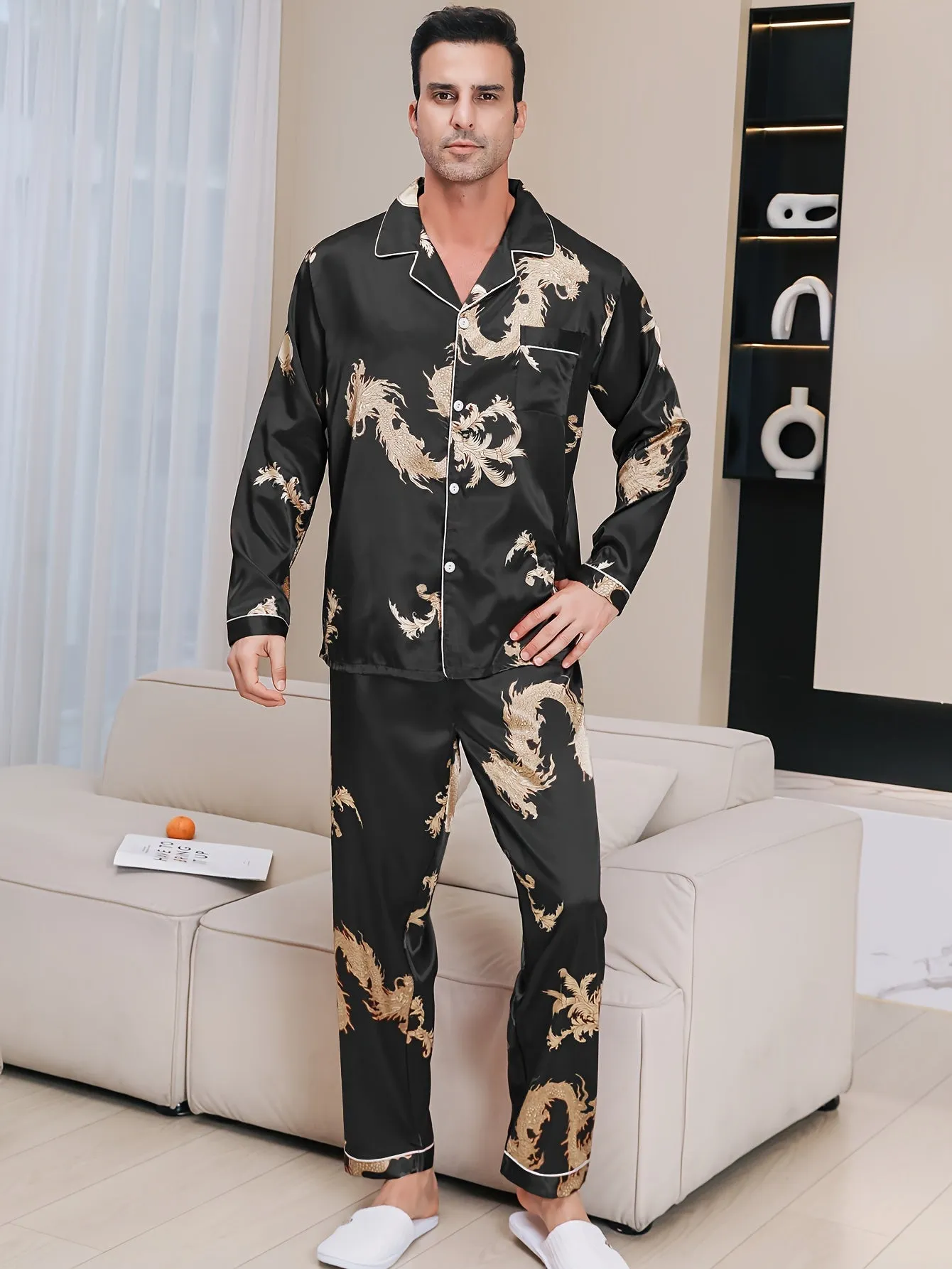 Mens Dragon Print Luxury Pajama Set - Long Sleeve Lapel Shirt & Elastic Pants - Soft Lounge Wear for Spring Autumn - A Stylish Indoor Retreat, Ideal New Year Gift