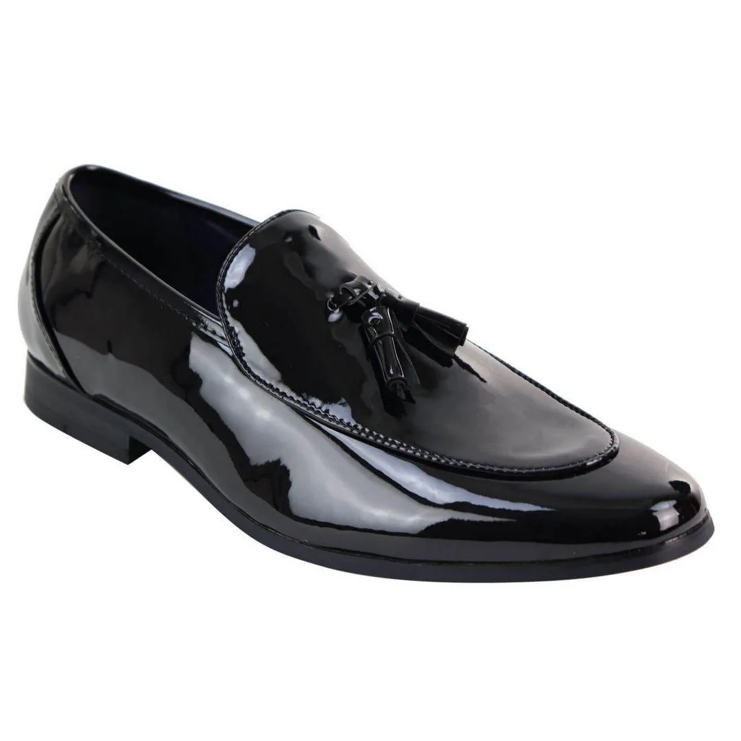 Mens Tassel Slip On Black Shoes Shiny Patent Smart Casual Formal Driving Retro