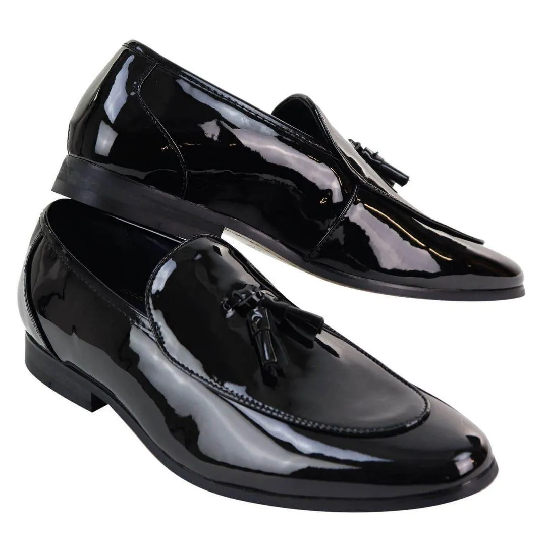 Mens Tassel Slip On Black Shoes Shiny Patent Smart Casual Formal Driving Retro