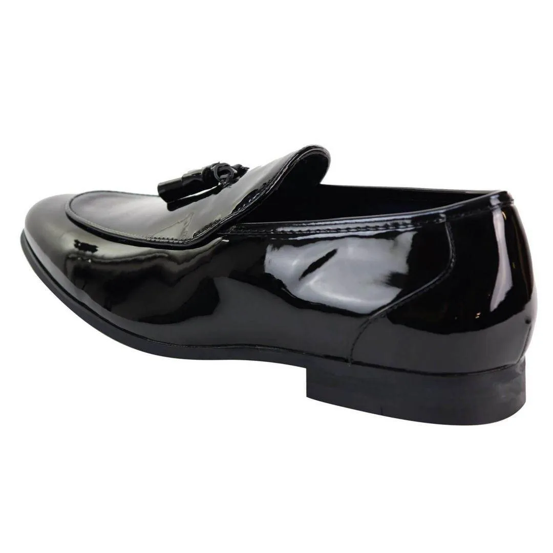 Mens Tassel Slip On Black Shoes Shiny Patent Smart Casual Formal Driving Retro