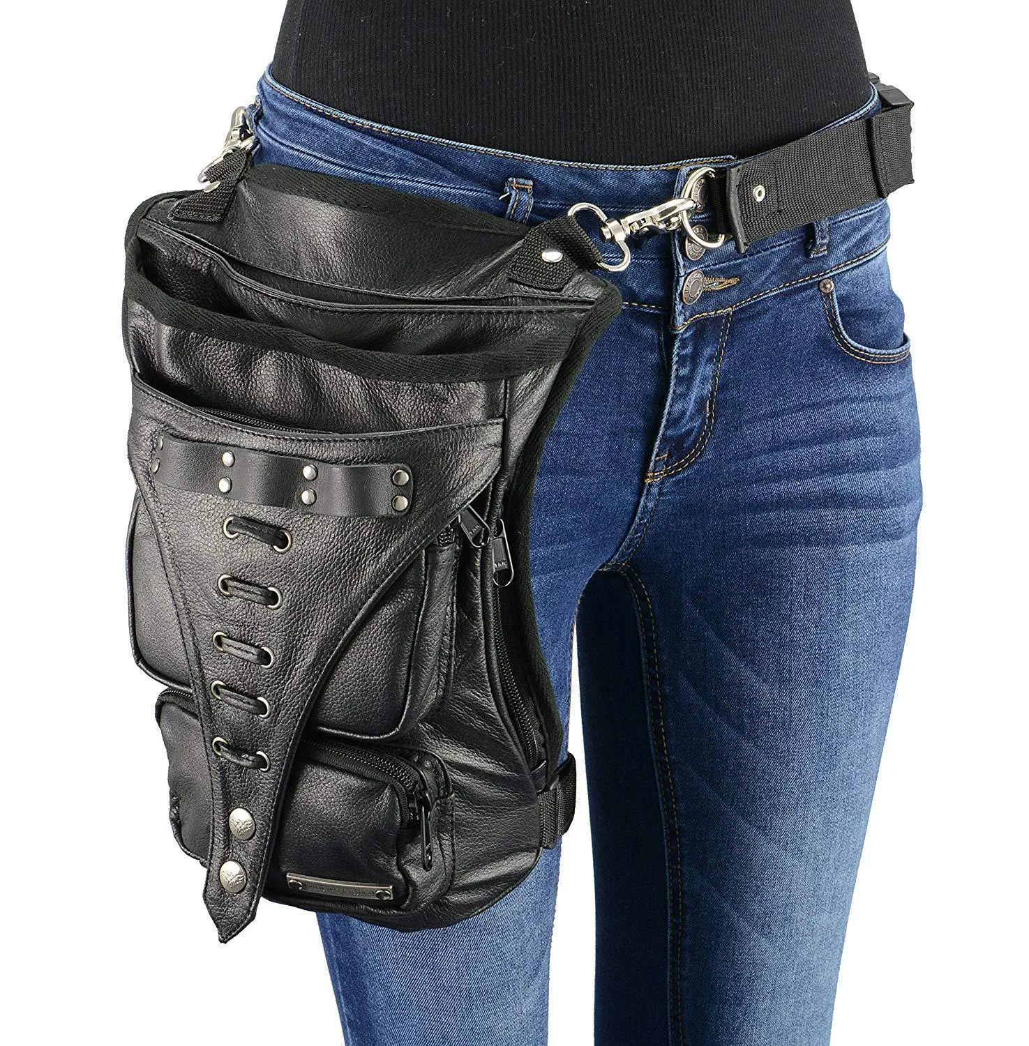 Milwaukee Leather MP8898 Black Leather Conceal and Carry Thigh Bag with Waist Belt