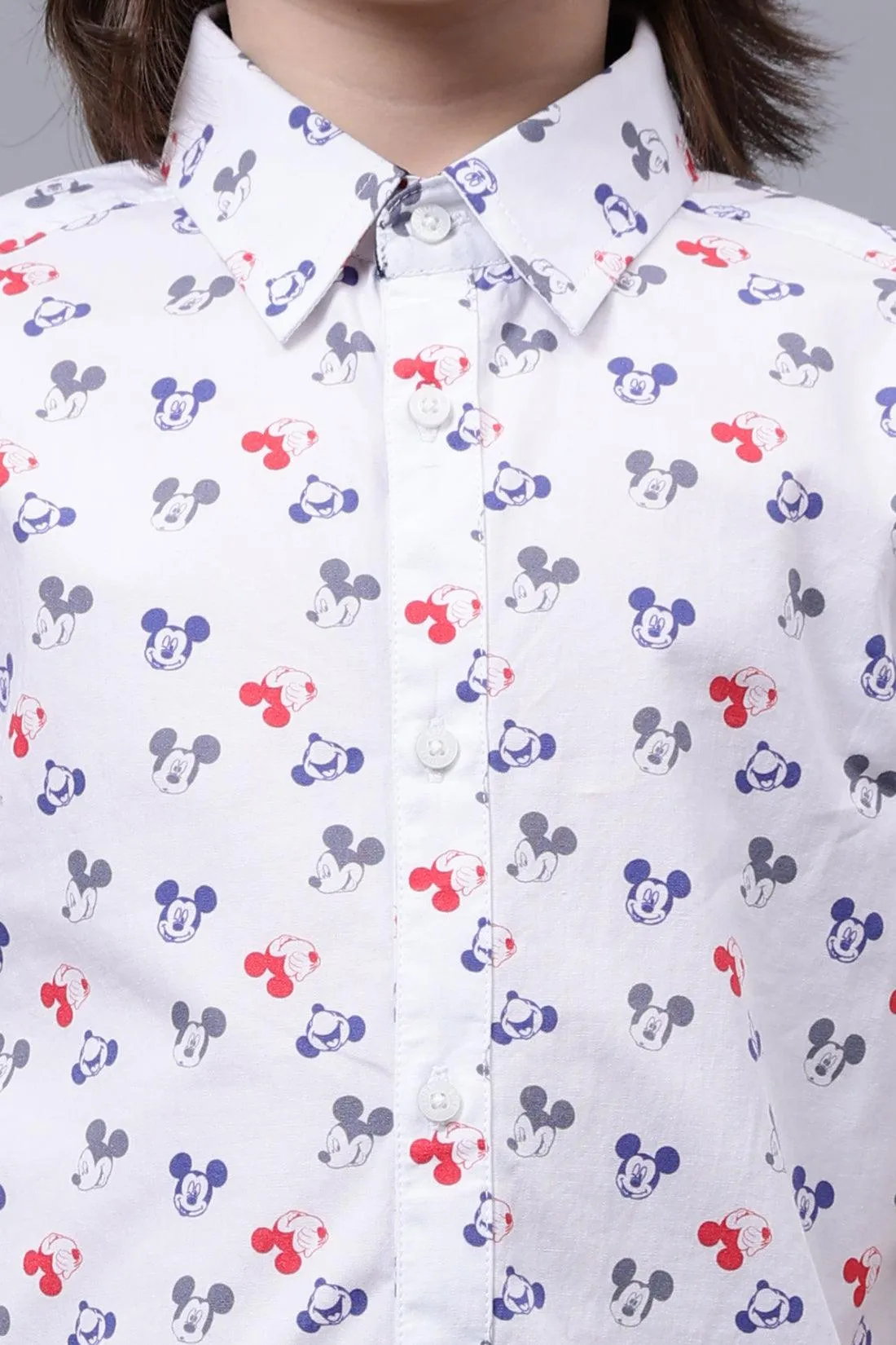 One Friday Kids Boys Mickey Printed White Cotton Shirt