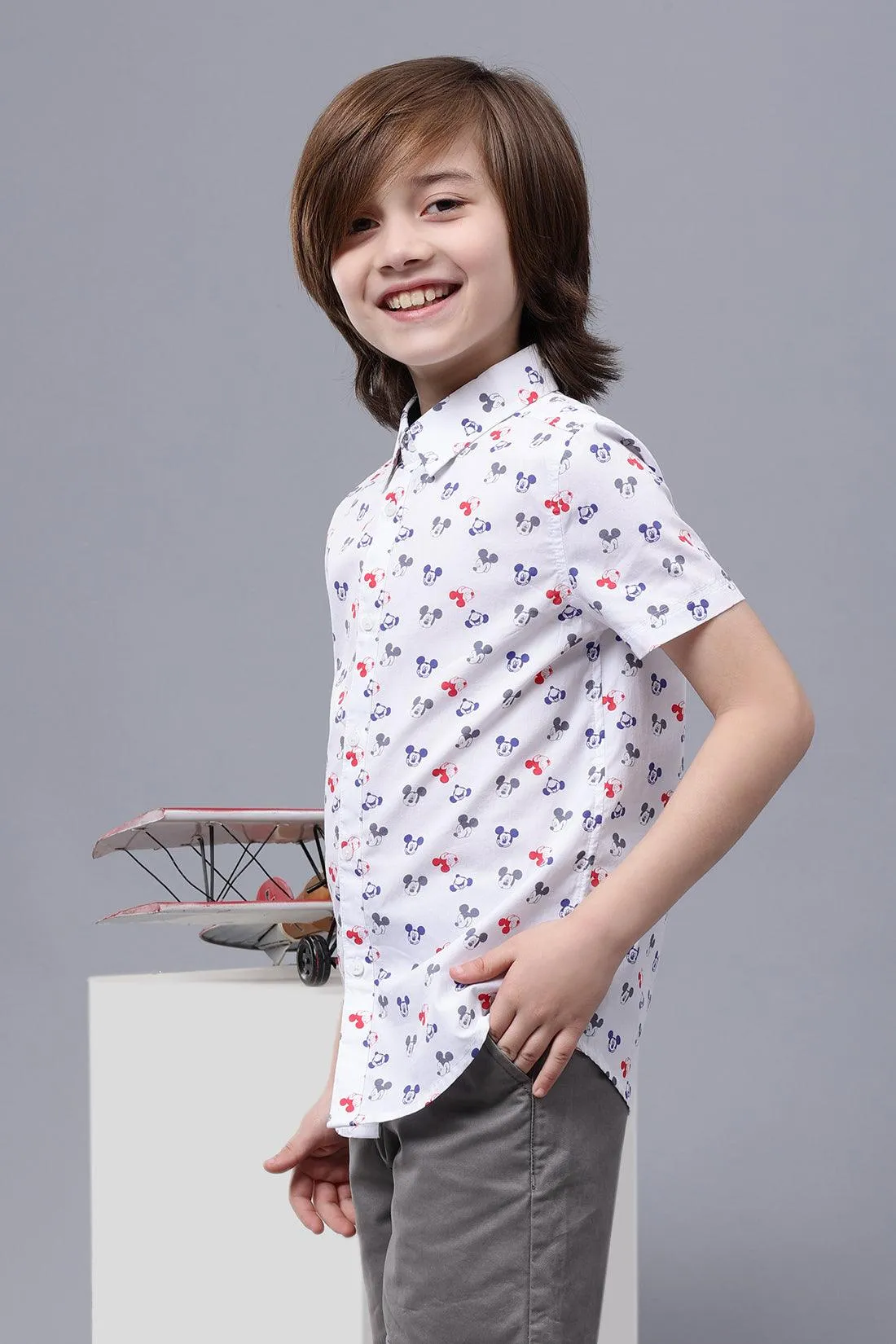 One Friday Kids Boys Mickey Printed White Cotton Shirt