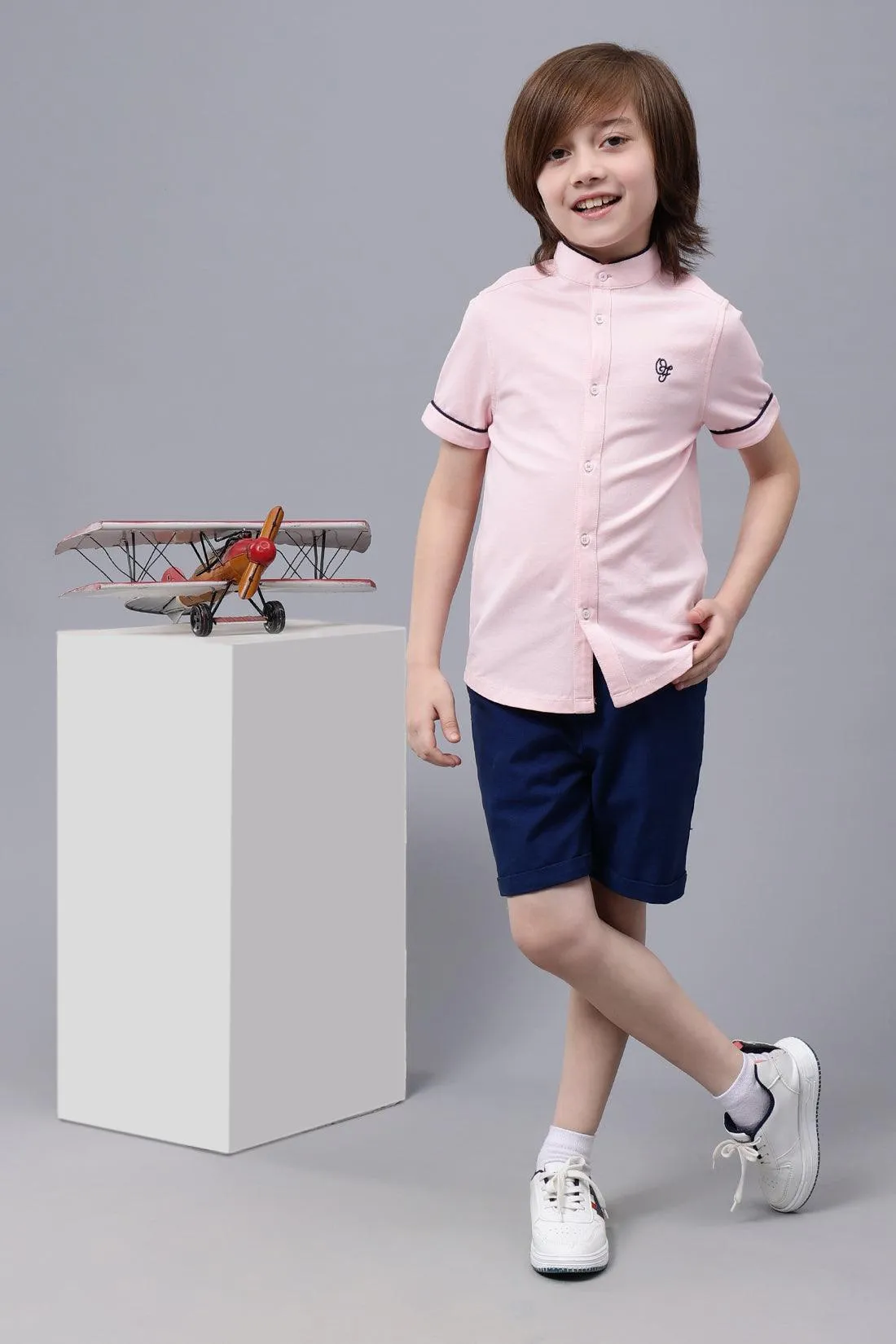 One Friday Kids Boys Pink Mandarin Collar Cotton Shirt