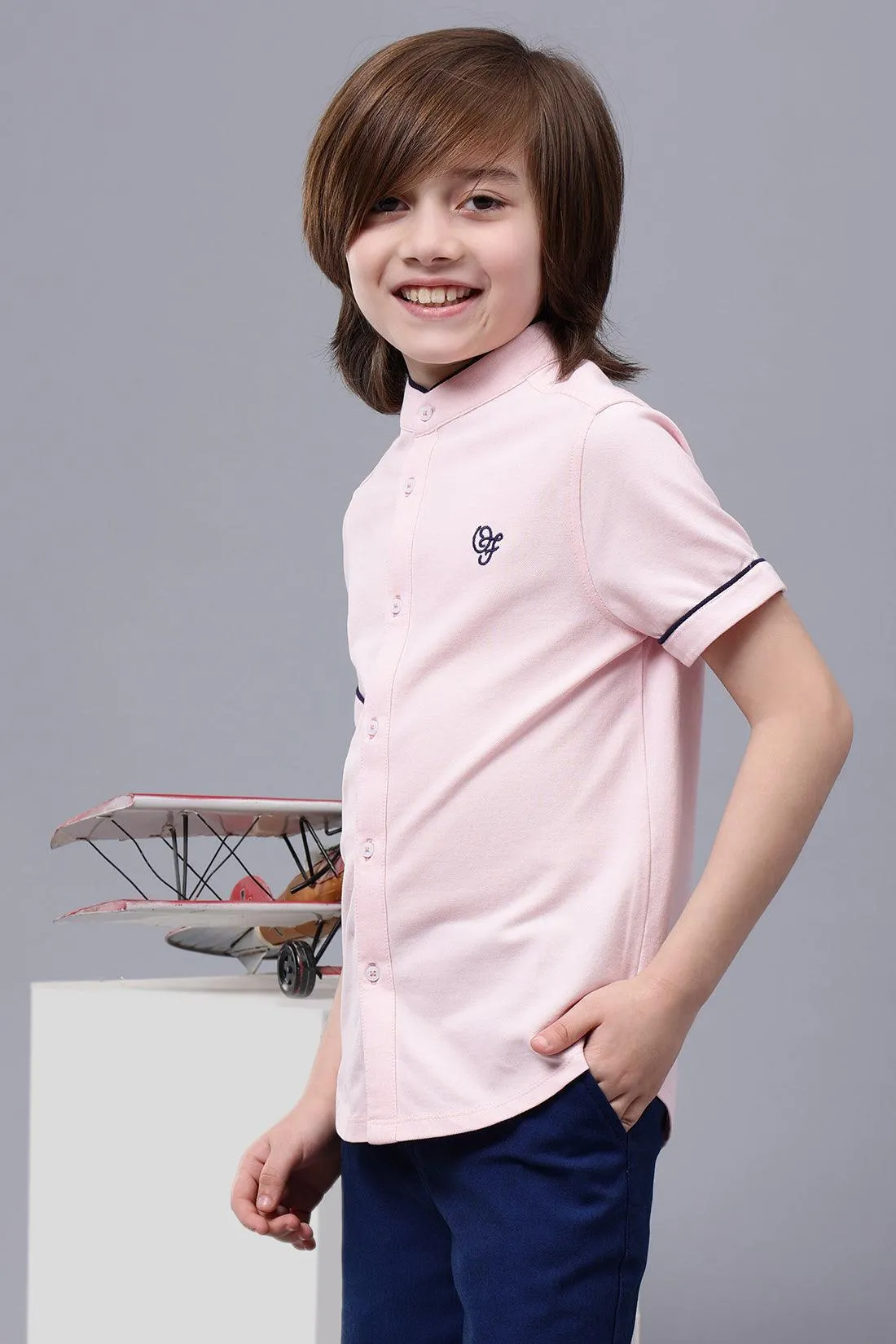 One Friday Kids Boys Pink Mandarin Collar Cotton Shirt