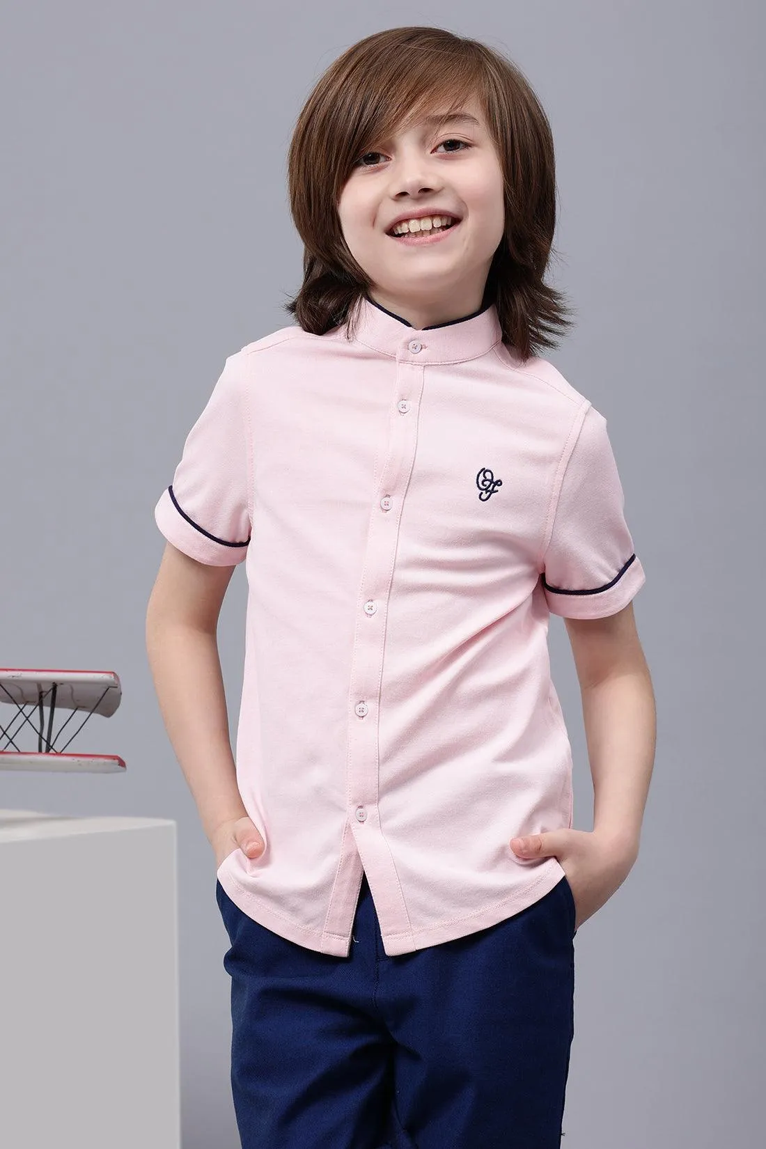 One Friday Kids Boys Pink Mandarin Collar Cotton Shirt