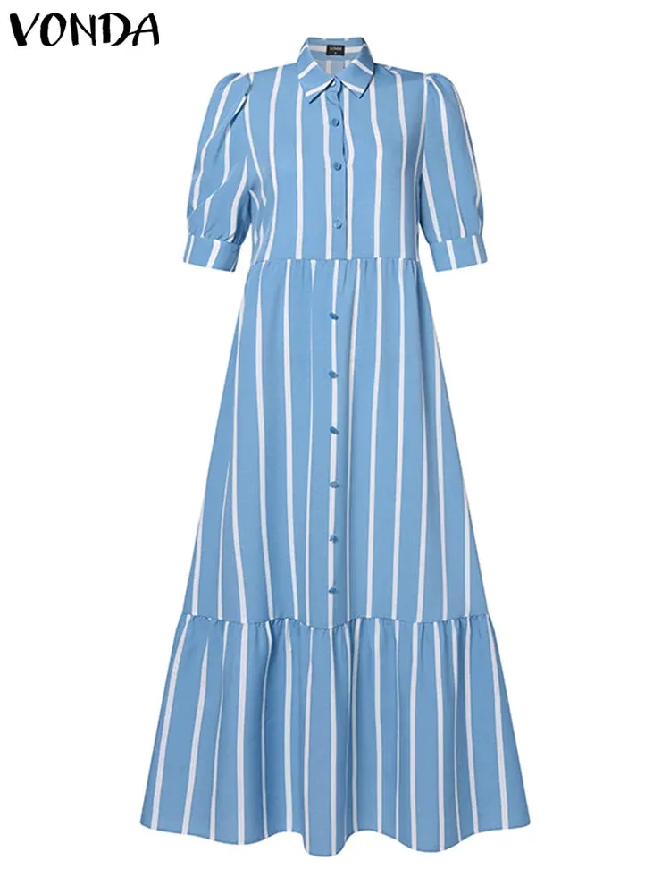 Plus Size VONDA Women Office Shirt Dress Summer Elegant Striped Dresses Sexy Puff Sleeve Lapel Long Maxi Sundress Casual Robe