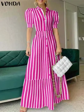 Plus Size VONDA Women Office Shirt Dress Summer Elegant Striped Dresses Sexy Puff Sleeve Lapel Long Maxi Sundress Casual Robe