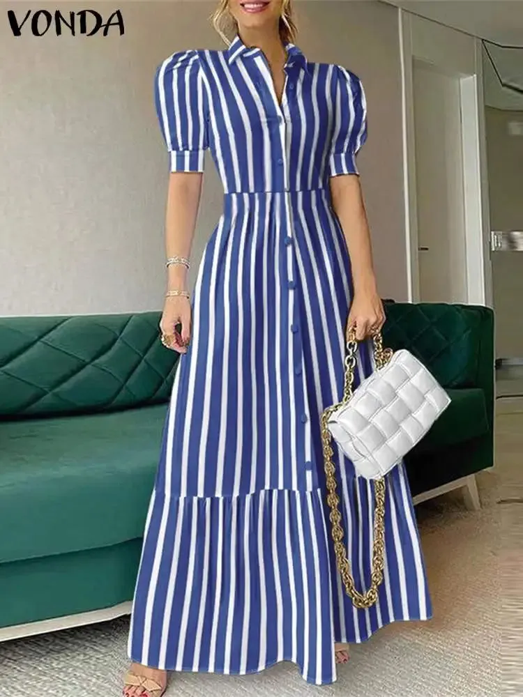 Plus Size VONDA Women Office Shirt Dress Summer Elegant Striped Dresses Sexy Puff Sleeve Lapel Long Maxi Sundress Casual Robe