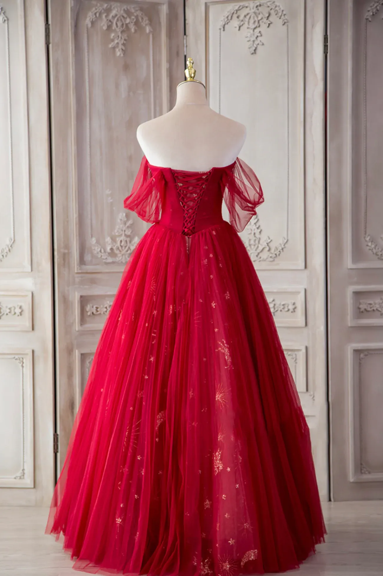 Red Sweetheart Tulle Long Formal Dress, Red Off Shoulder Party Dress Prom Dress