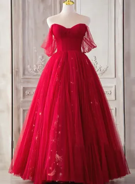 Red Sweetheart Tulle Long Formal Dress, Red Off Shoulder Party Dress Prom Dress