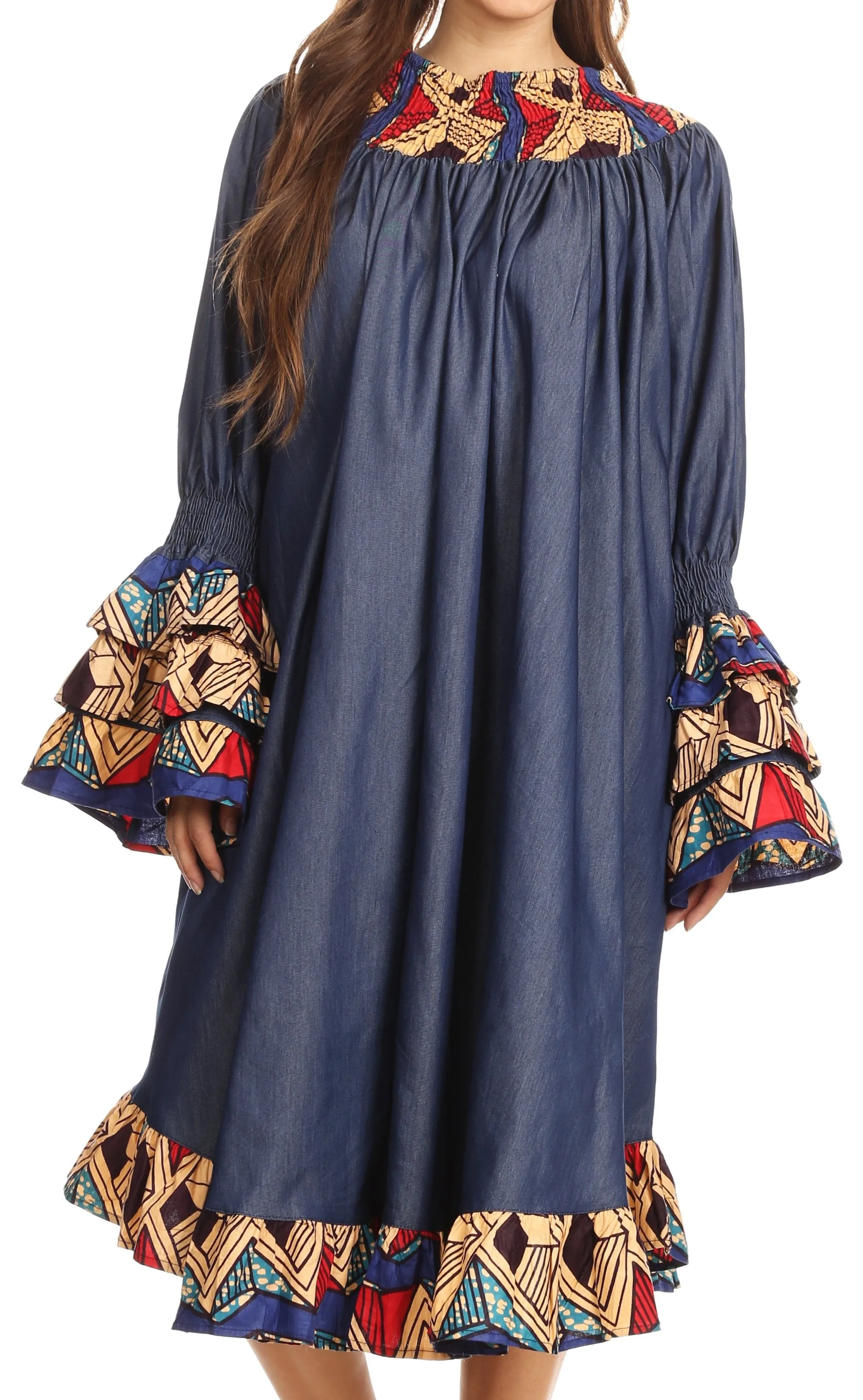 Sakkas Folami Chambray and Ankara Wax Dutch Print Muumuu Dress Relax Fit