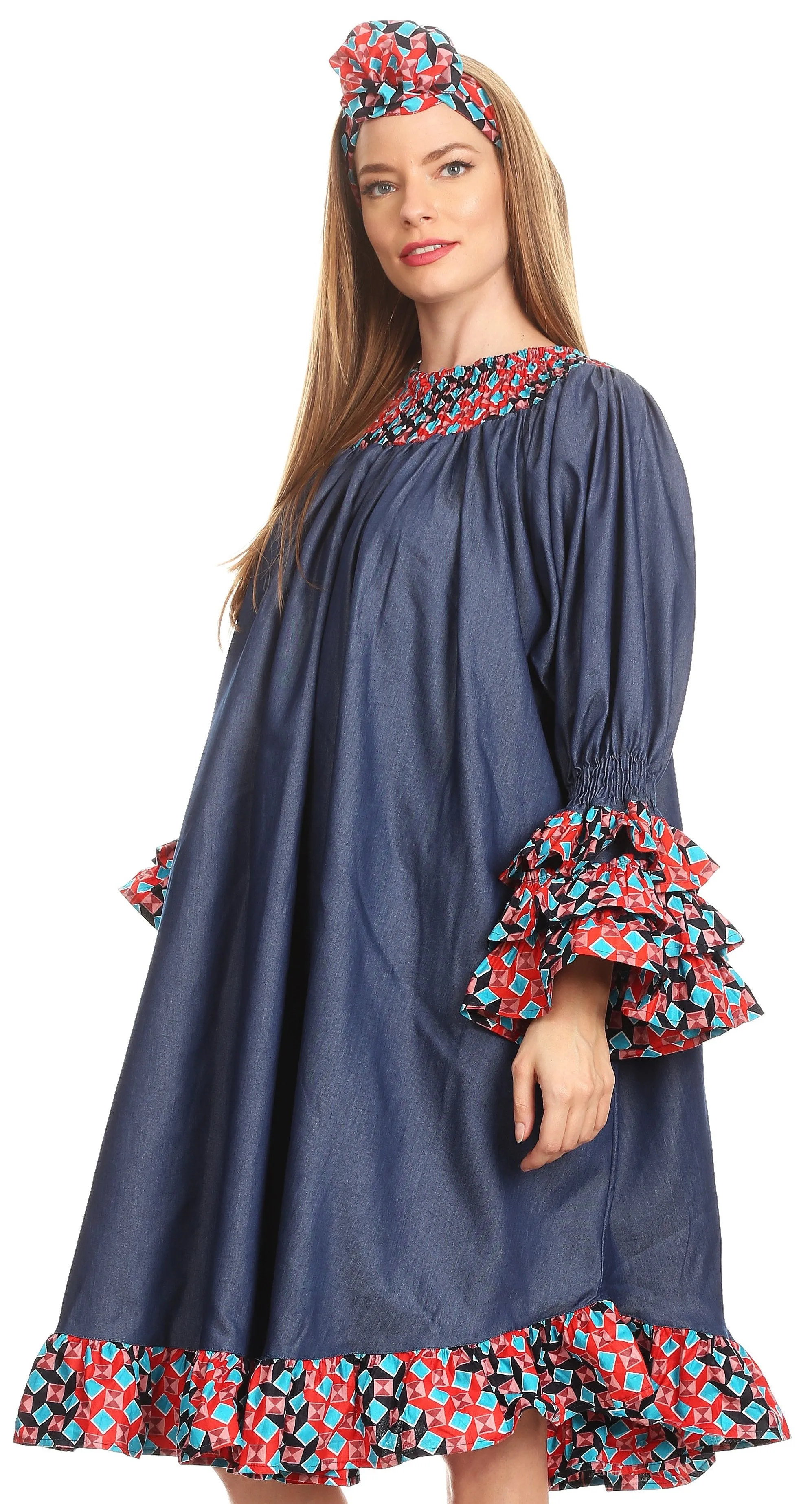 Sakkas Folami Chambray and Ankara Wax Dutch Print Muumuu Dress Relax Fit