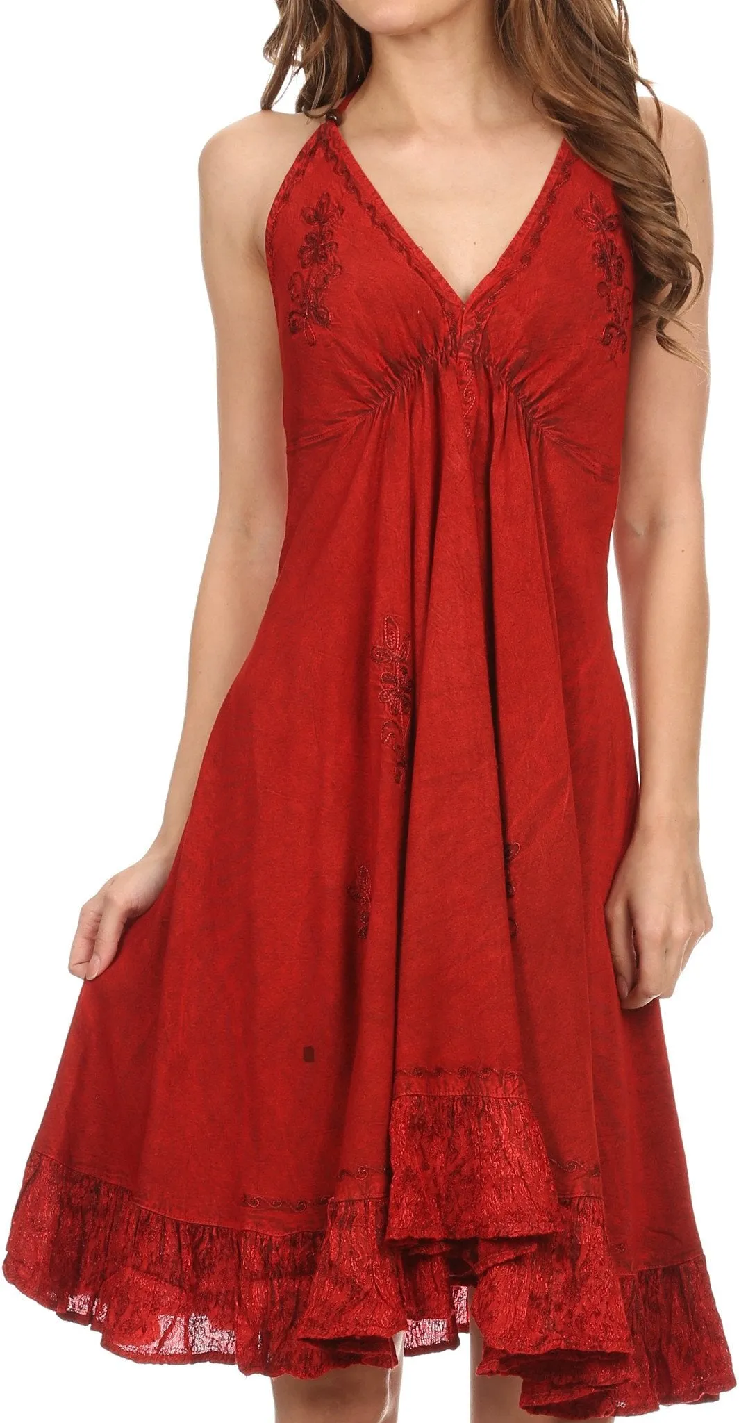 Sakkas Jia Stonewashed Embroidered Handkerchief Hem Halter Dress With Beads