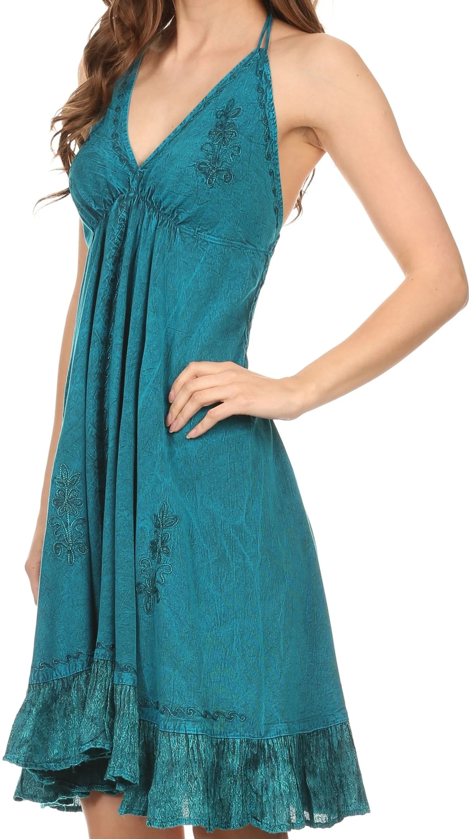 Sakkas Jia Stonewashed Embroidered Handkerchief Hem Halter Dress With Beads